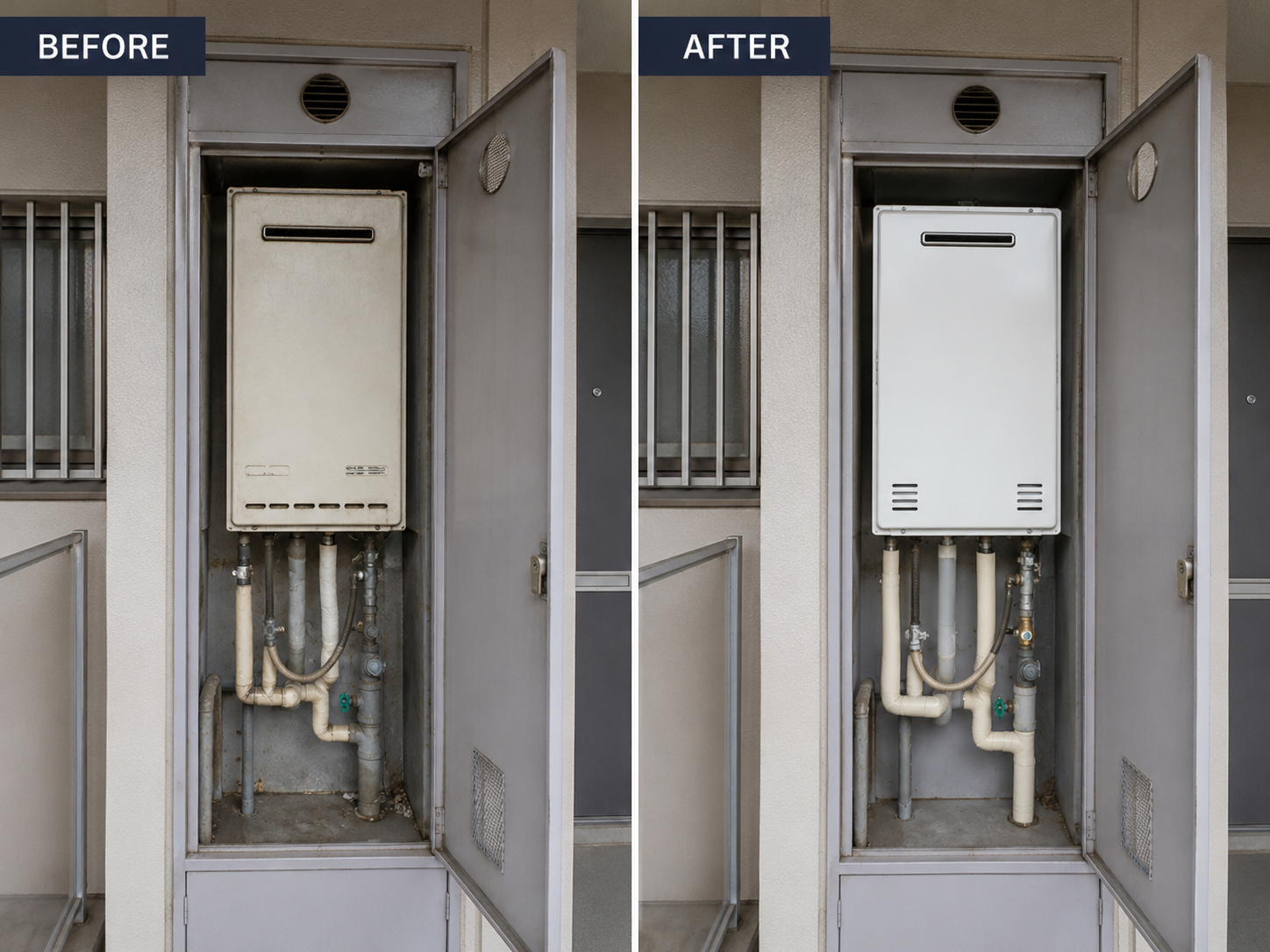 マンションのパイプシャフト内給湯器交換の施工前・施工後